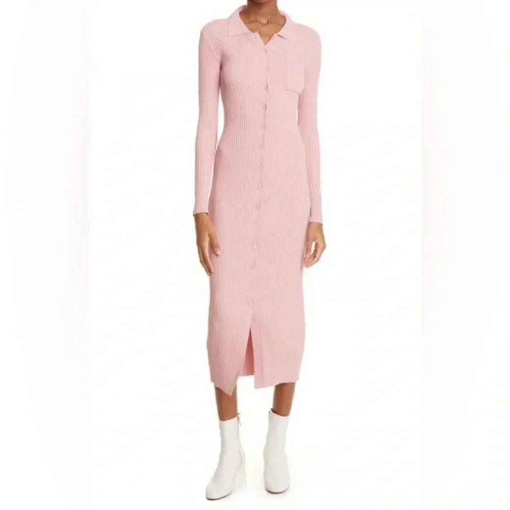 STAUD Napa Ribbed Long Sleeve Midi Dress in Blush NWT size L - Picture 2 of 7